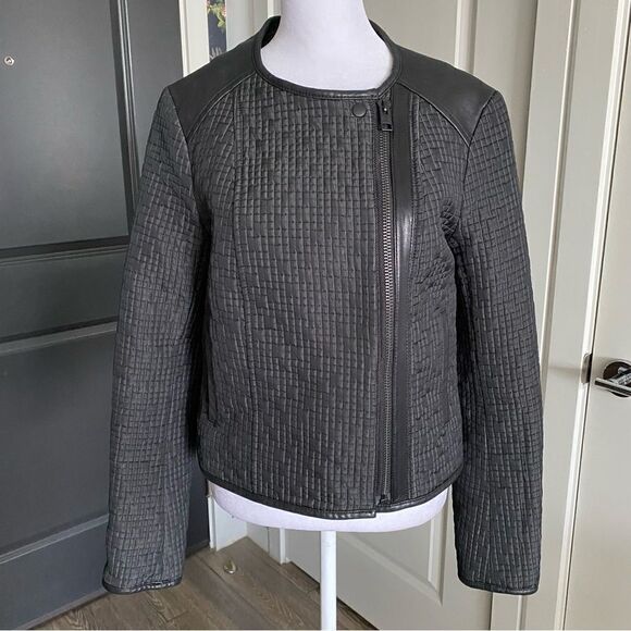 All Saints Black Wool Blend Quilted Moto Jacket with Leather Trim Size 8 - Picture 1 of 11